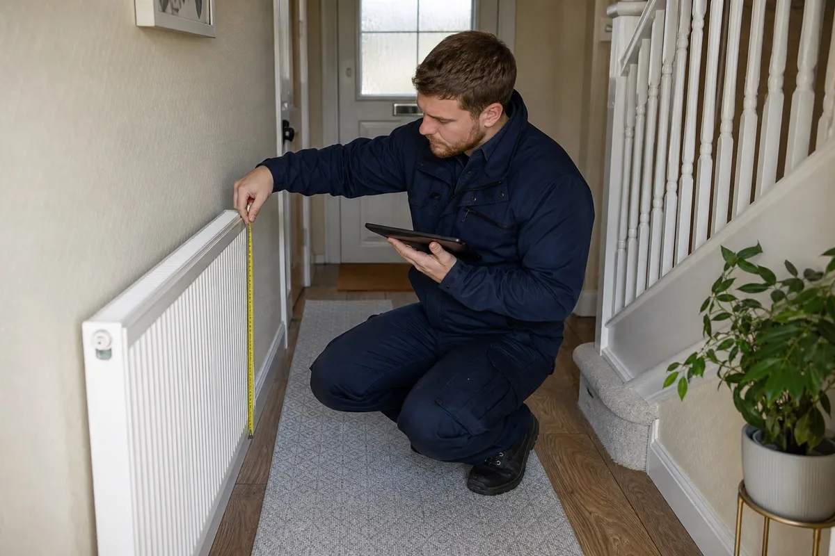 Engineer measuring rooms during a heat loss survey at a 1930s Darlington semi